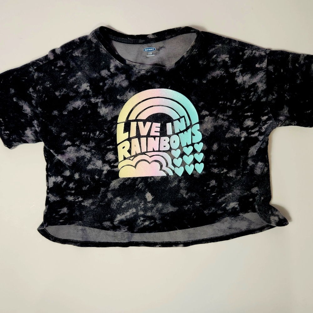 🩷Old Navy Girl's Black Tie-Dye Rainbow Crop Top T-Shirt Size: 8